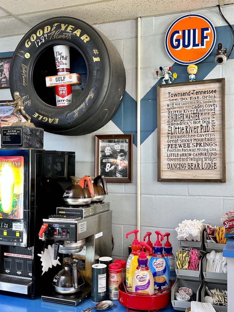 Coffee station and Townsend community board inside Parkway Grocery